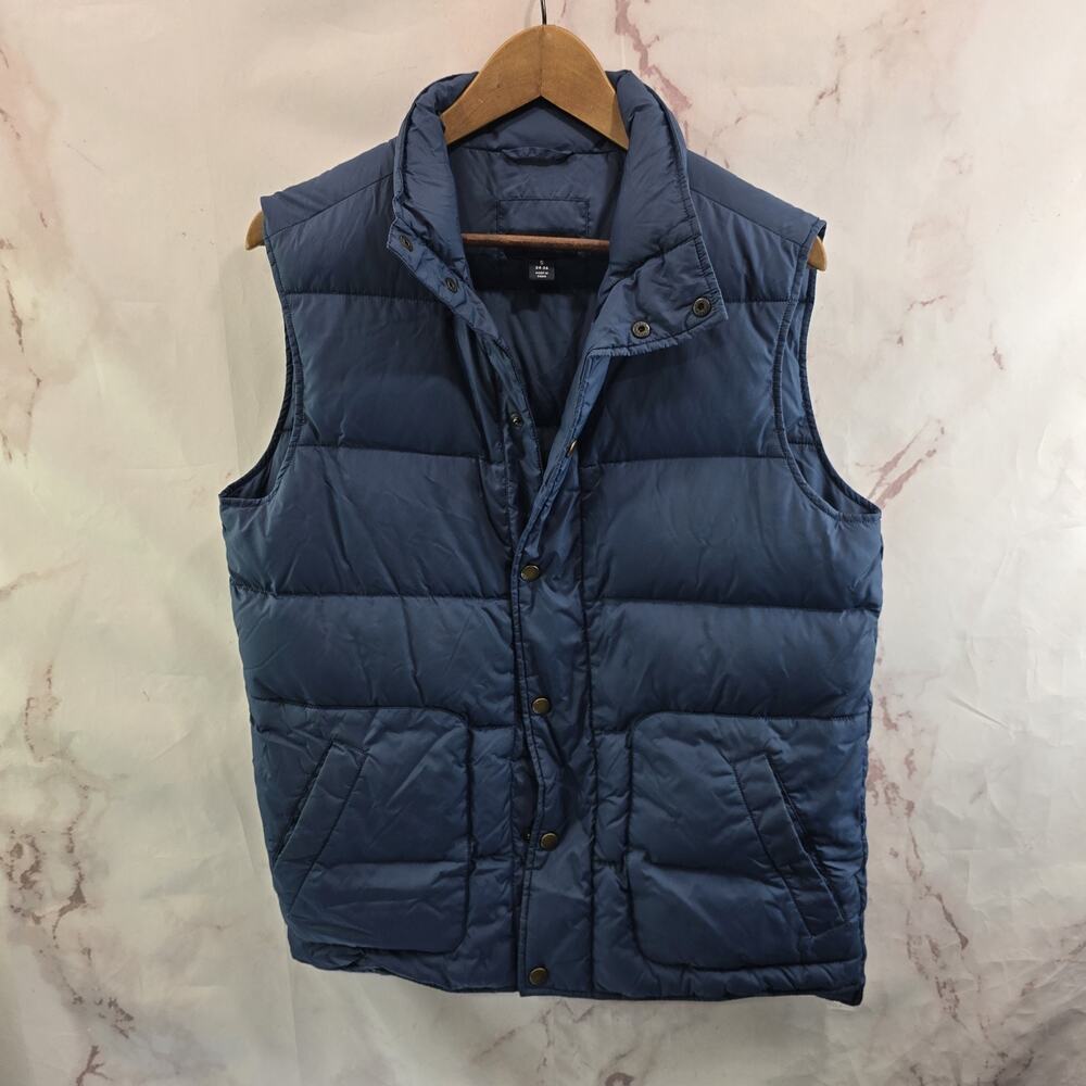 Lands End Vest Mens Small Blue Puffer Down Insulated Navy Button Gillet